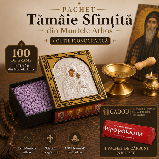 PACHET Tămâie Sfântă Din Muntele Athos + CUTIE ICONOGRAFICĂ + CATUI + CĂRBUNI